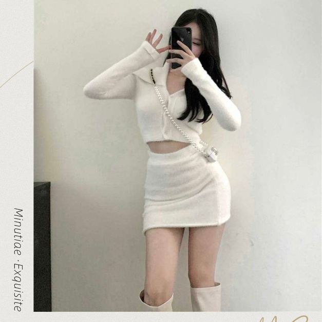 ｜ℳℰ ｜針織翻領鈕扣開衫&高腰包裙