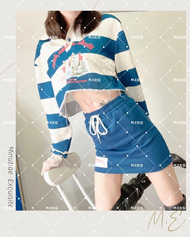 ｜ℳℰ ｜貓咪印花 條紋休閒套裝