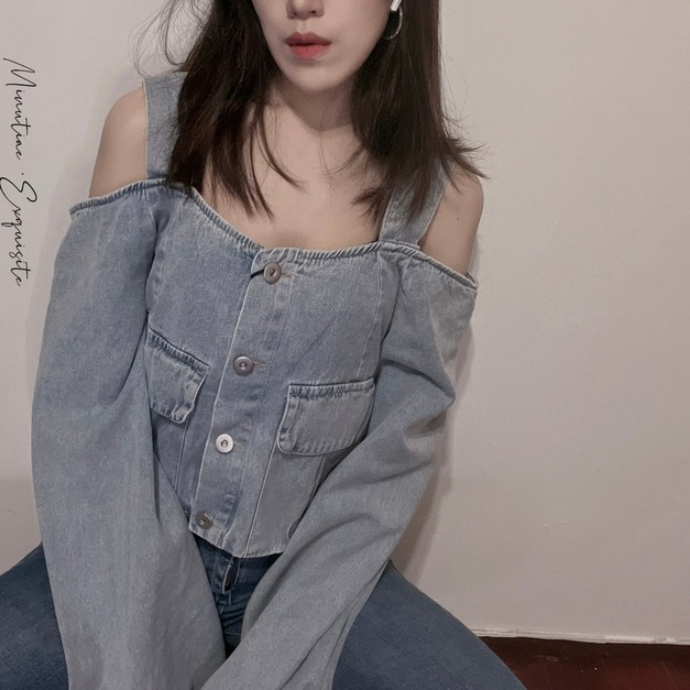 ｜ℳℰ ｜復古牛仔吊帶一字領上衣