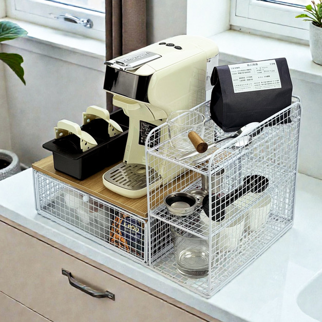 金屬鐵藝網格咖啡機置物收納架｜經典白