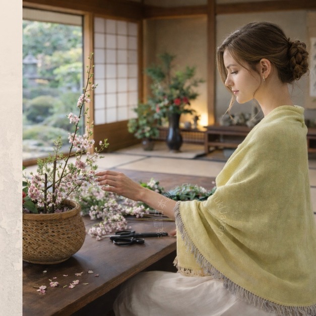 日本製 披巾_奈良織物_新芽微光 (80x185cm)