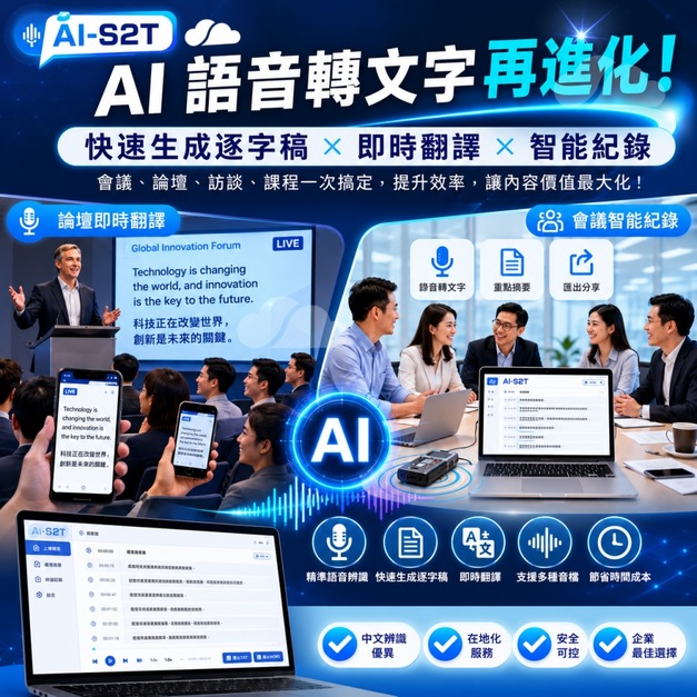 AI-S2T 即時語音轉文字｜即時翻譯｜支援多國語音｜AI彙整一鍵匯出