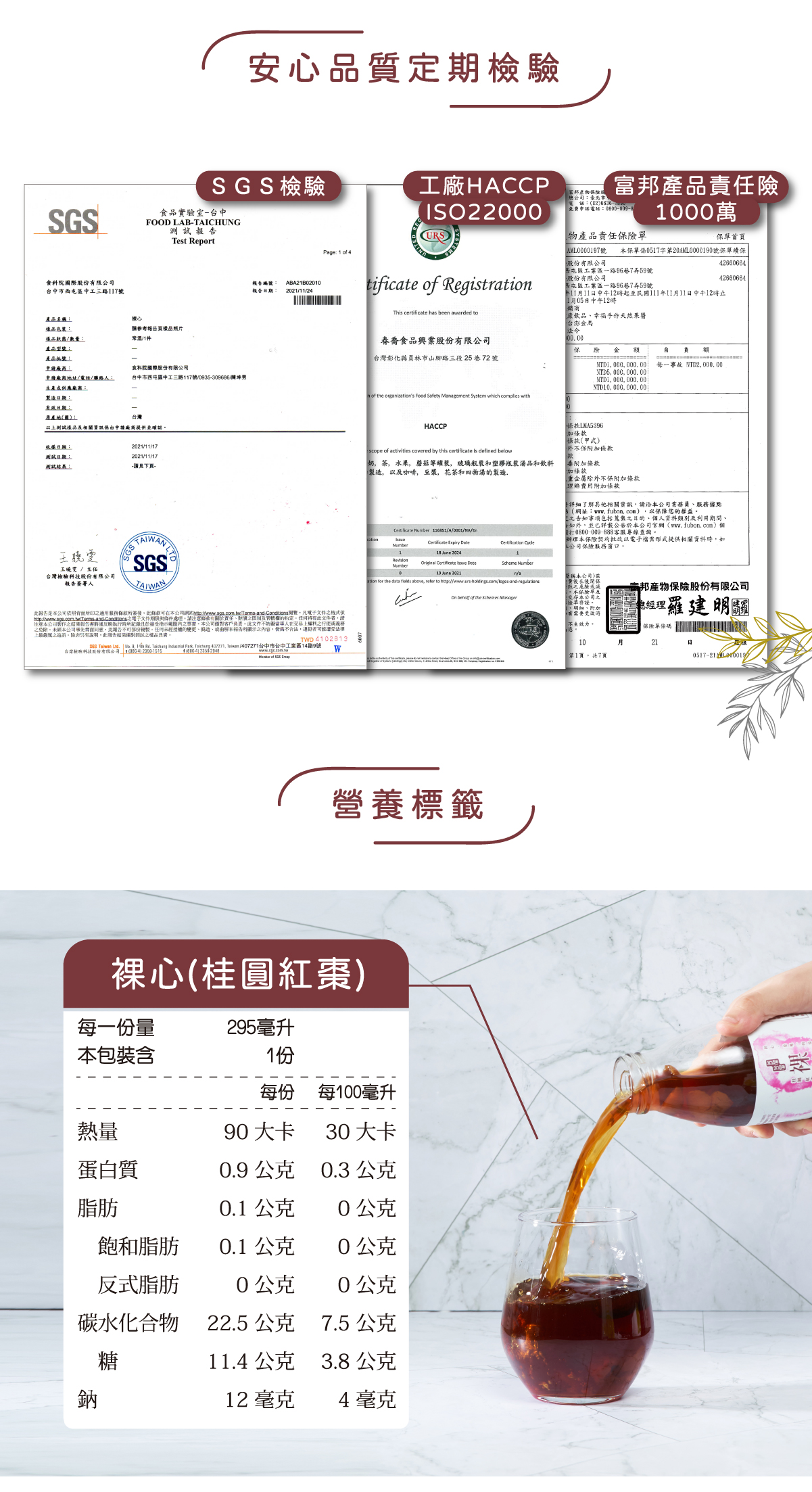 安心品質定期檢驗-SGS檢驗、工廠HACCP ISO22000、富邦產品責任險1000萬 營養標籤 - 裸心(桂圓紅棗)