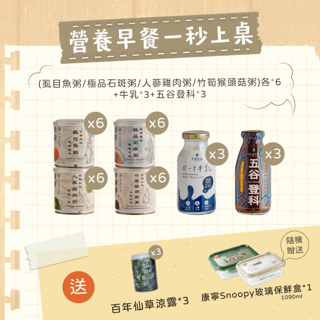 營養早餐一秒上桌(虱目魚*6+石斑魚*6+猴頭菇*6+人蔘雞*6+牛乳*3+五谷*3)