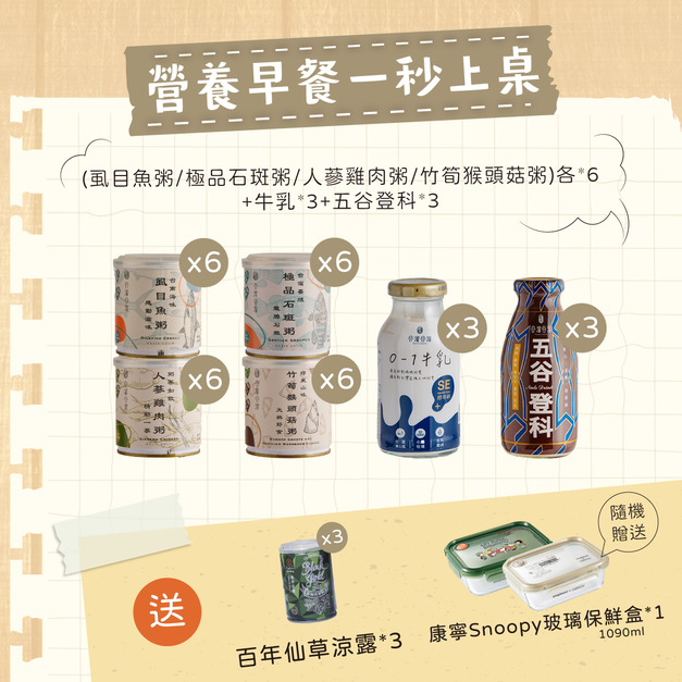 營養早餐一秒上桌(虱目魚*6+石斑魚*6+猴頭菇*6+人蔘雞*6+牛乳*3+五谷*3)