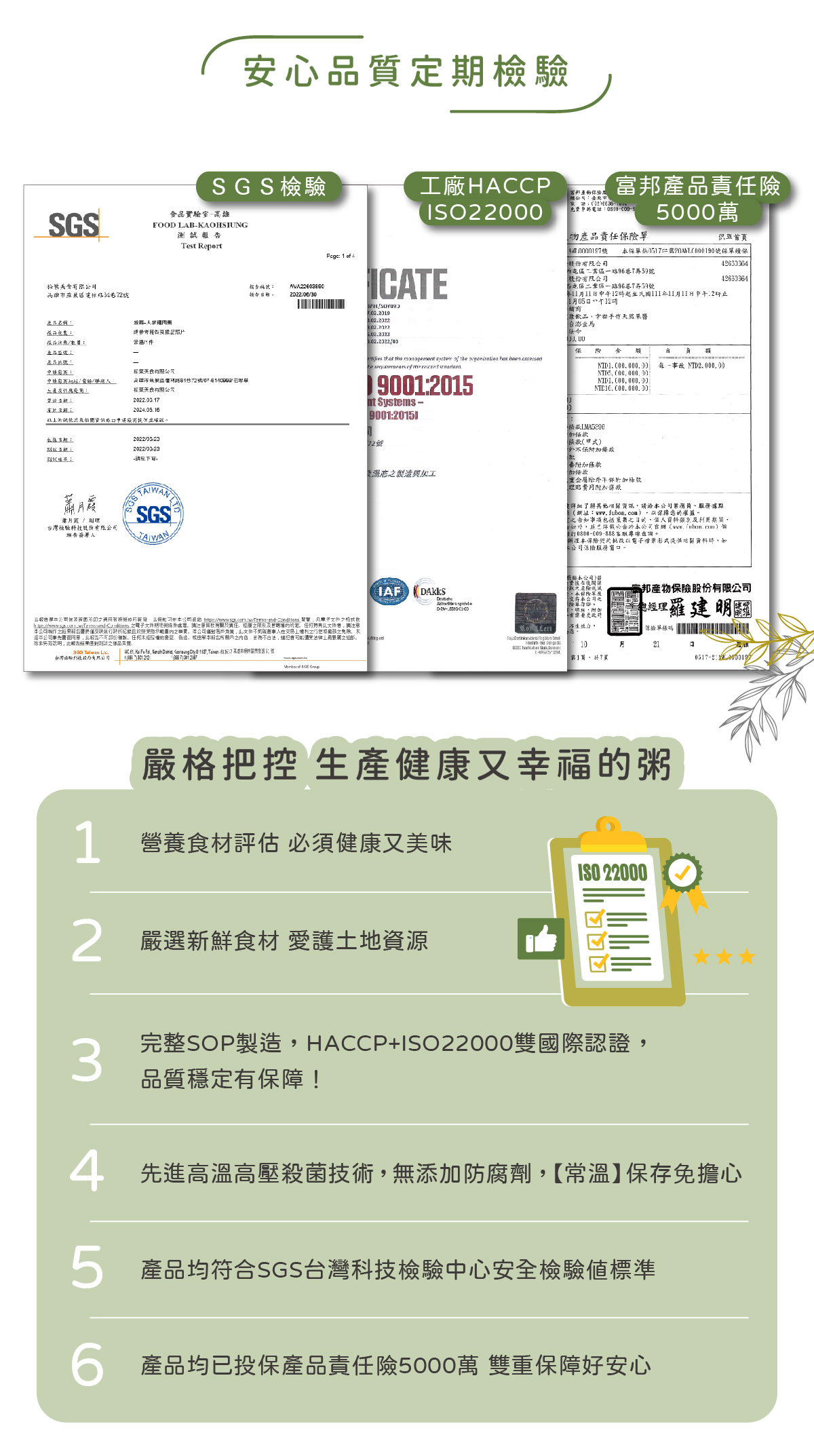 安心品質定期檢驗-SGS檢驗、工廠HACCP ISO22000、富邦產品責任險1000萬 