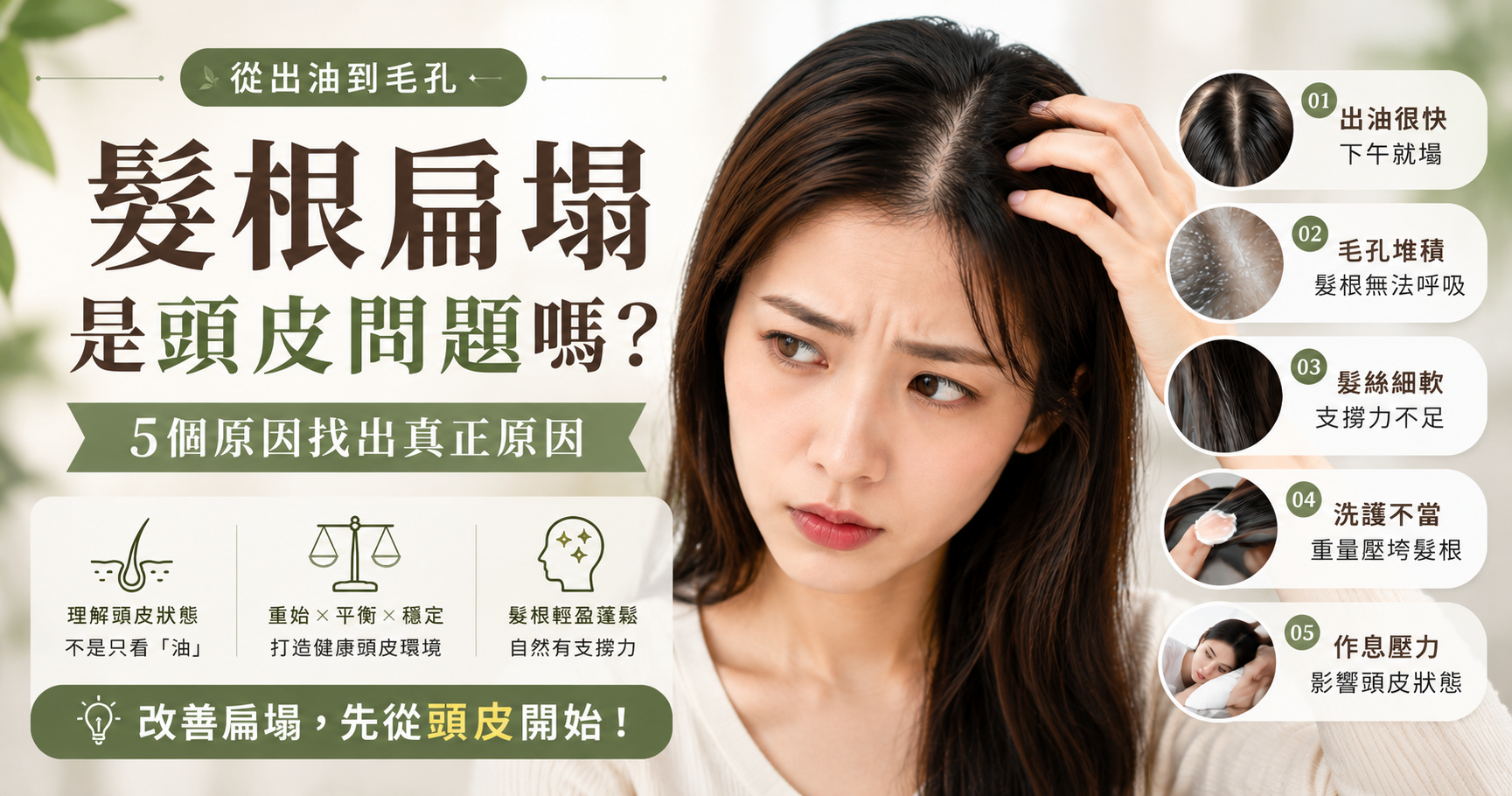 髮根總是扁塌？不一定只是出油，5個頭皮訊號找出真正原因