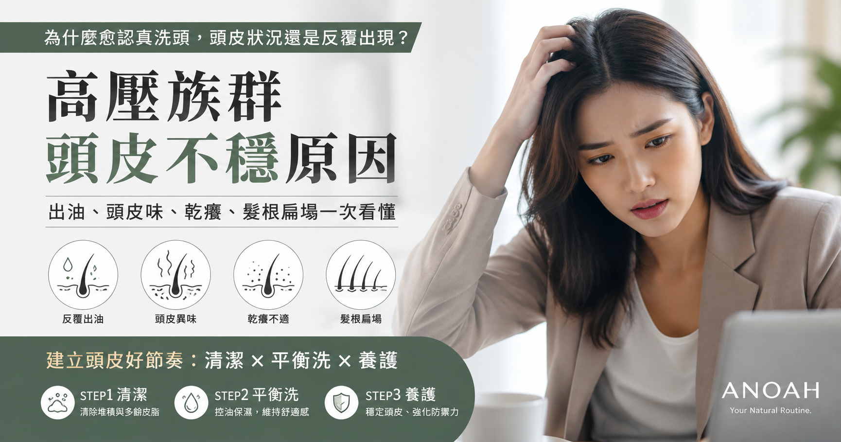 高壓族群頭皮不穩原因：為什麼愈洗愈油？頭皮味、乾緊與扁塌一次看懂