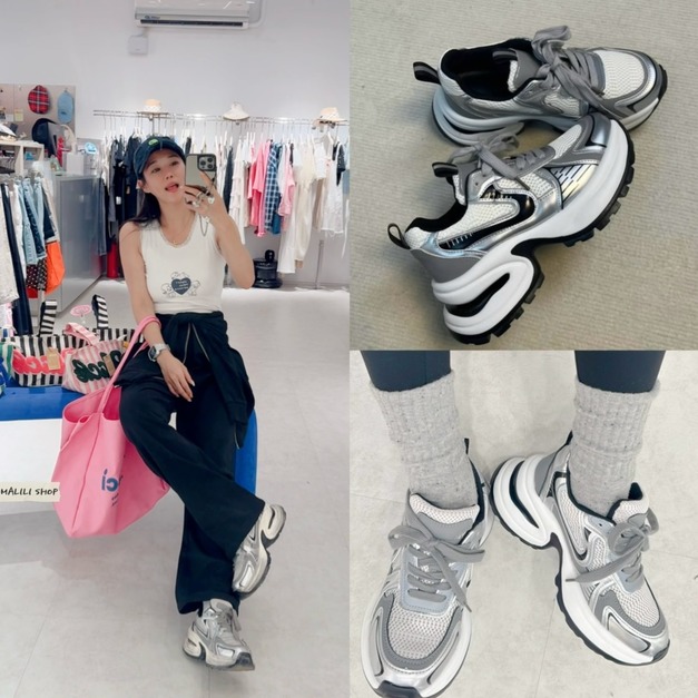 小個子内增高銀色網面老爹鞋