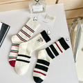 韓國撞色條紋刺繡數字中筒襪~組合價賣場任選3雙200~