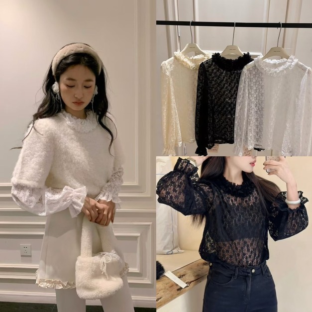 韓國大花邊領蕾絲上衣