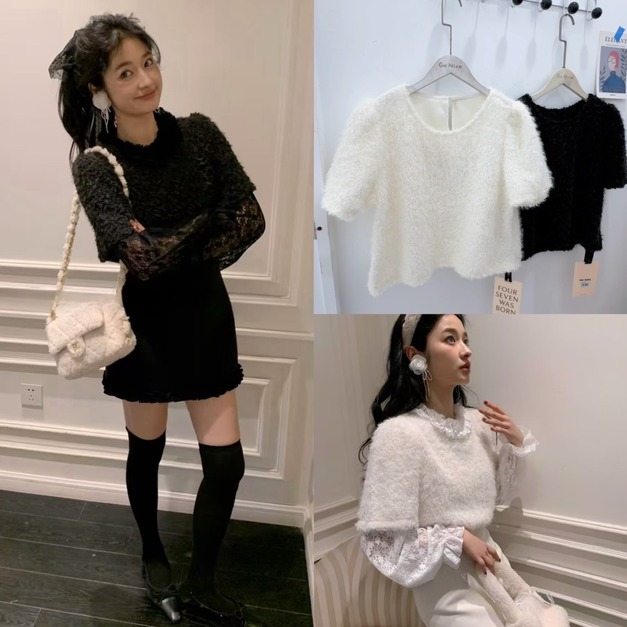 韓國短袖毛毛上衣
