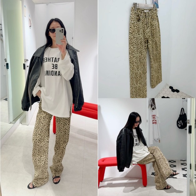 外流豹紋中腰落地褲