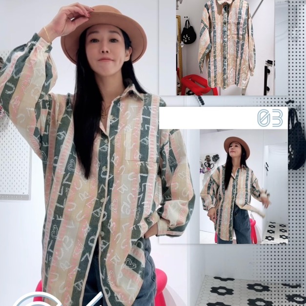 韓國棉麻直條紋塗鴉襯衫