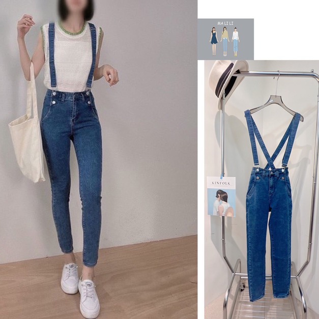 6折出清~超彈性合身質感吊帶窄管牛仔褲