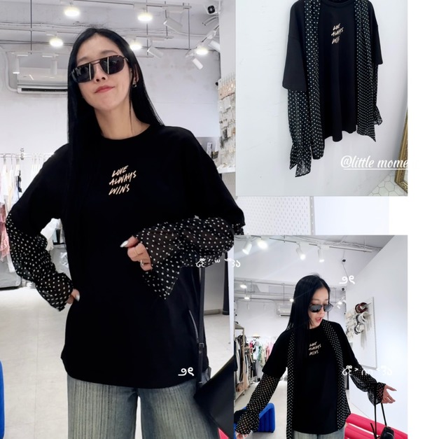 韓國波點雪紡長袖假兩件T恤