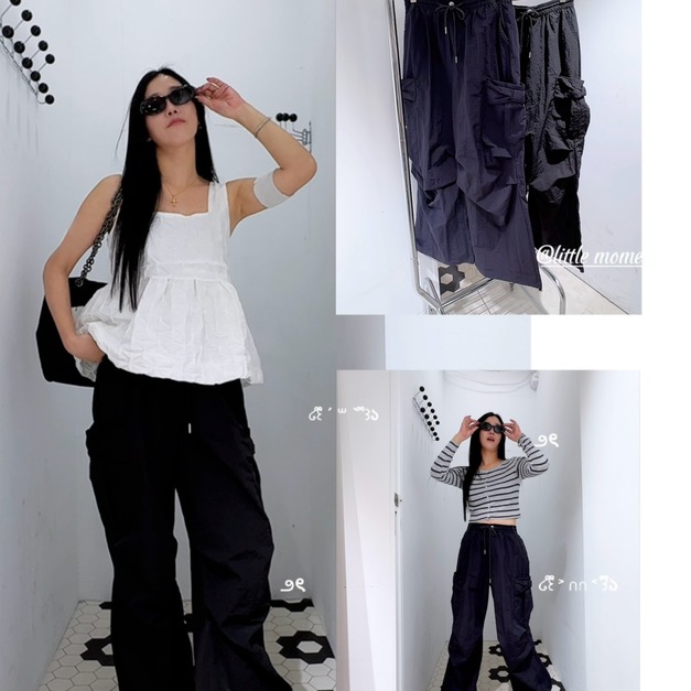 韓國蕾絲邊蝴蝶結口袋工裝褲