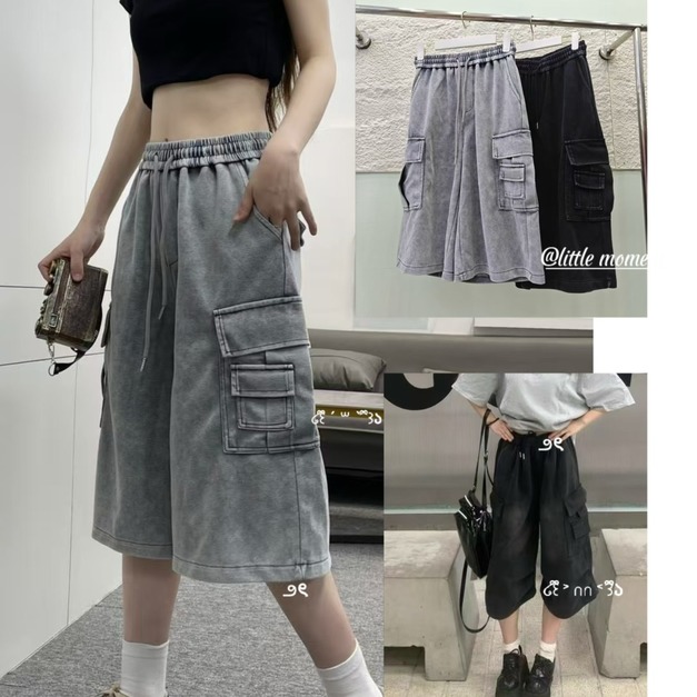 韓國水洗率性工裝七分褲