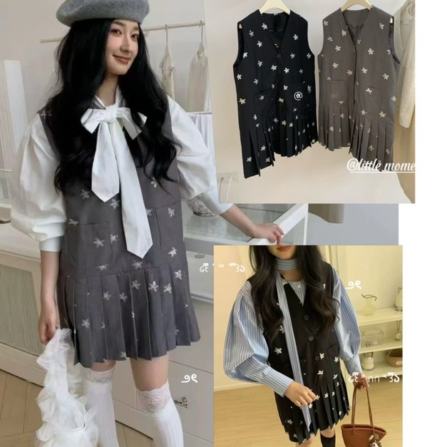 韓國重工亮片馬甲百褶連身裙