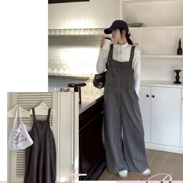 雙口袋牛仔吊帶寬褲