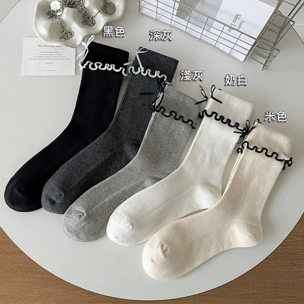 日系木耳邊蝴蝶結翻口中筒襪~滿滿少女心~組合價賣場任選3雙200