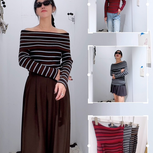 條紋一字領針織衫