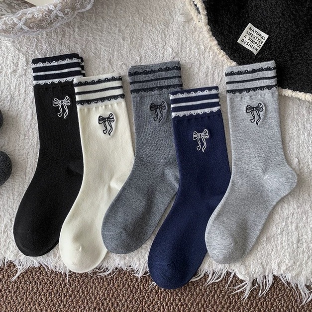 韓系雙層邊緣刺繡蝴蝶結中筒襪~組合價賣場任選3雙200