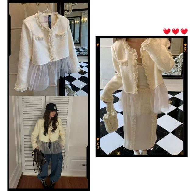 韓國拼沙裙襬小香外套