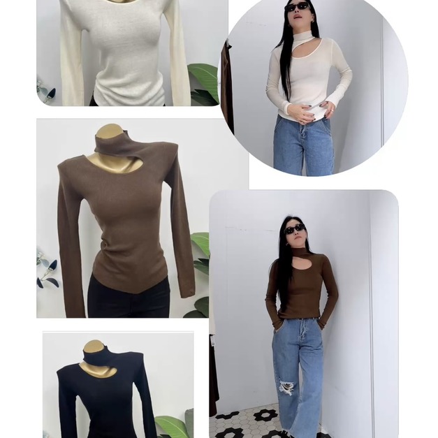 設計感摟空高領羊毛針織衫