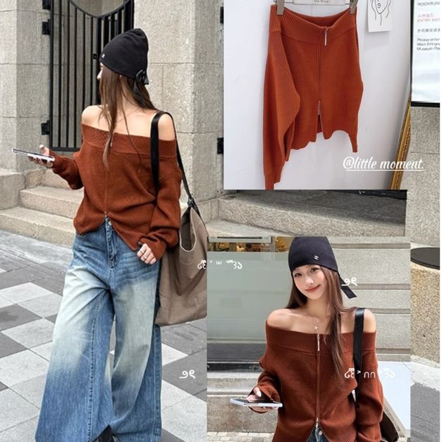 小眾設計~一字肩拉鍊毛衣
