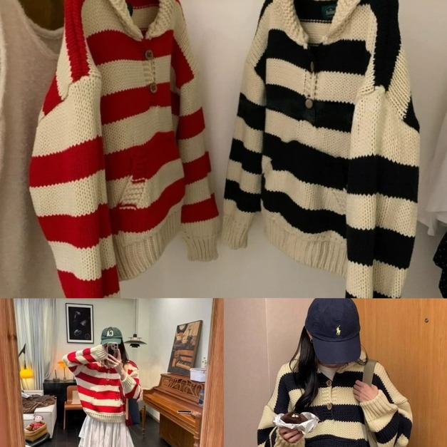 韓國復古重工粗針翻領毛衣