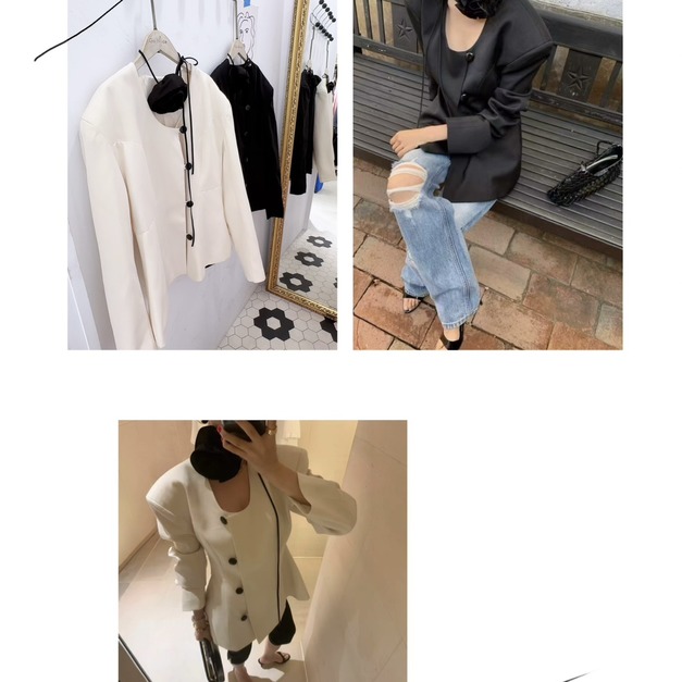 法式U領收腰氣質西裝上衣外套+脖花