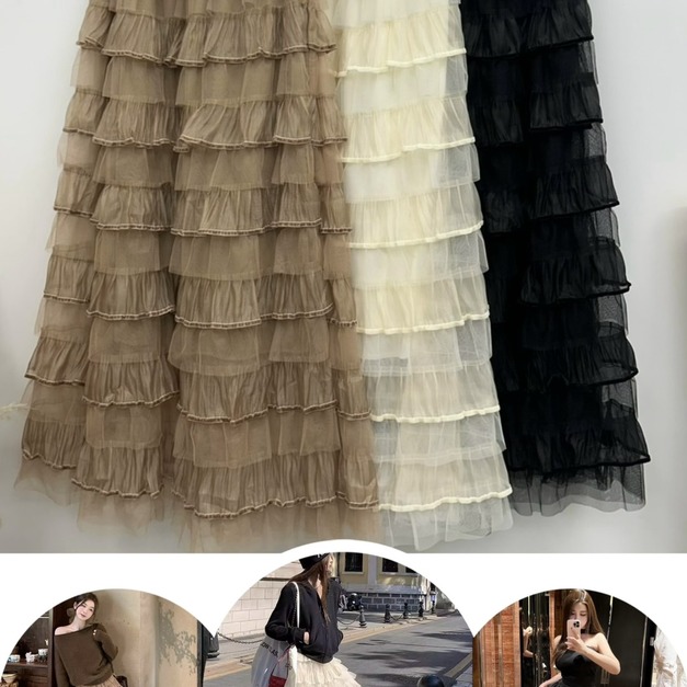 不會胖的～千層網紗拼接絲絨邊蛋糕裙