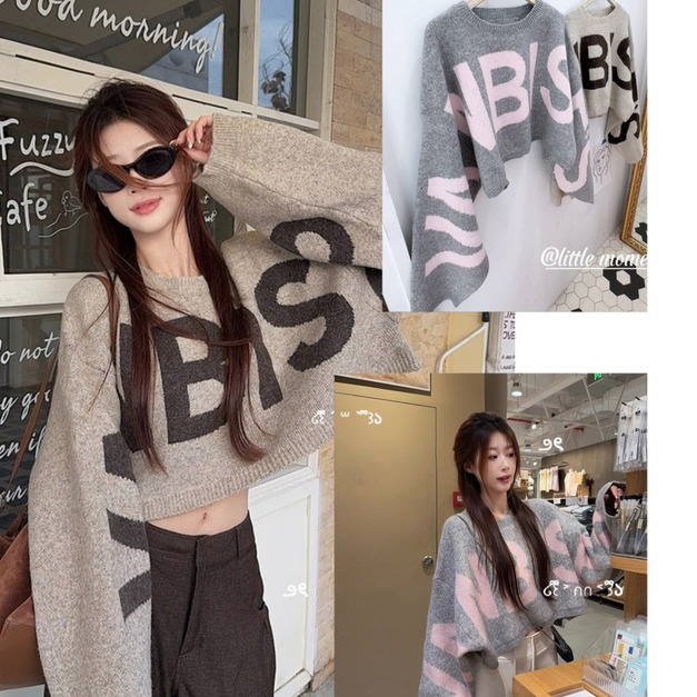 慵懶風復古字母短版毛衣