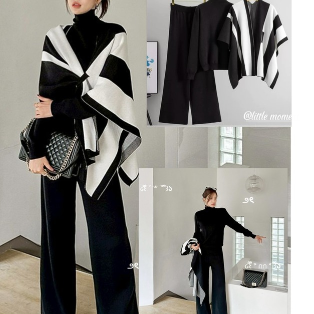 披肩針織上衣+褲三件套