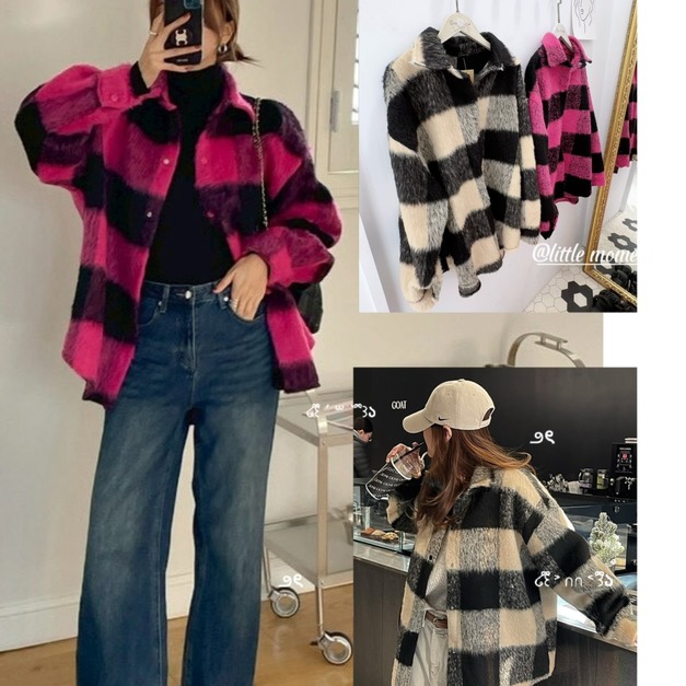 毛呢雙色大格長版襯衫