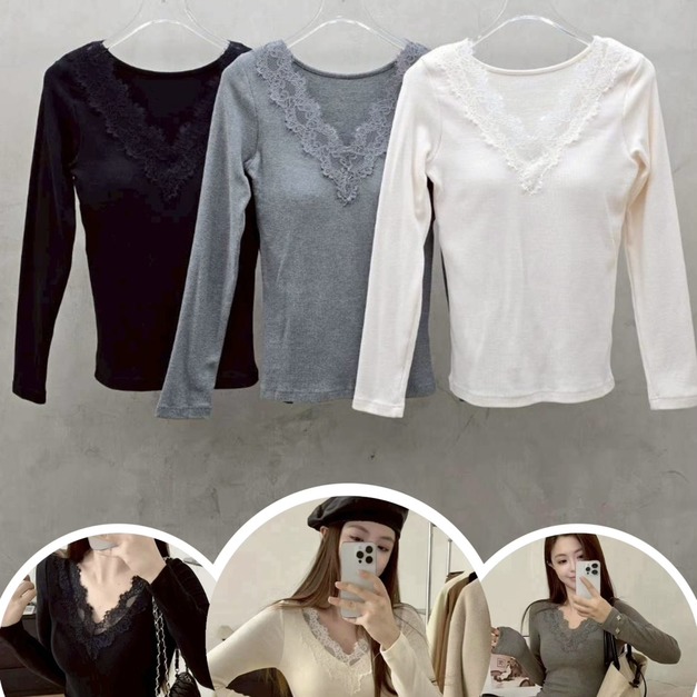 不跑杯～拼蕾絲磨毛棉罩杯上衣