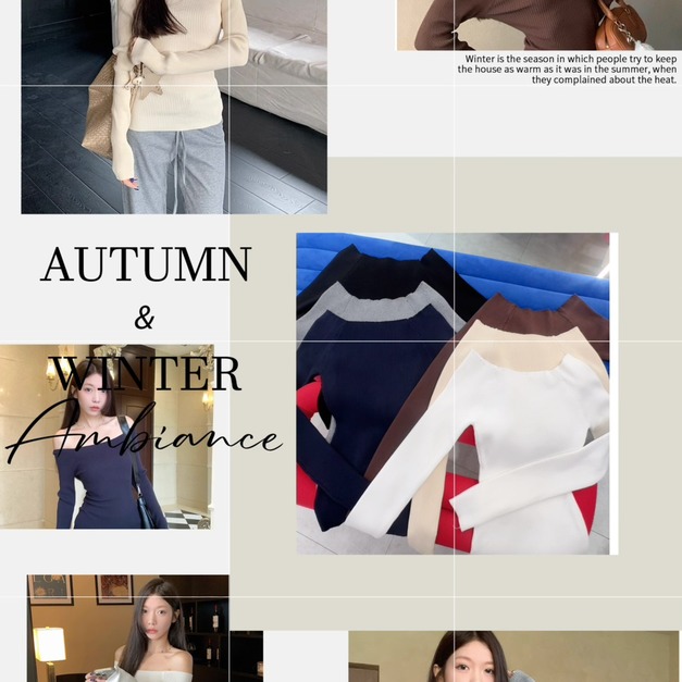 一字領露肩螺紋針織衫