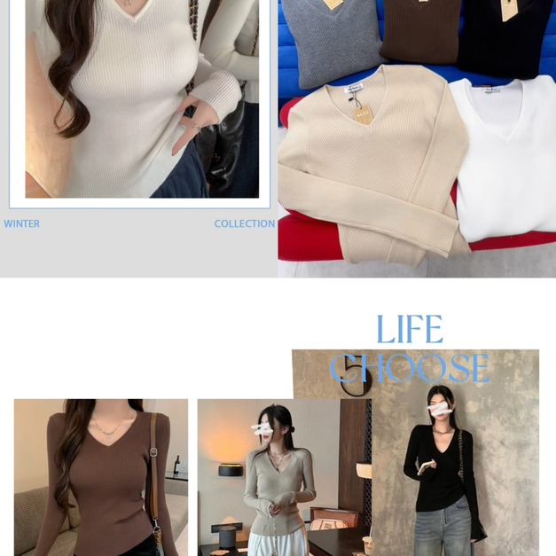 簡約V領修身螺紋針織衫