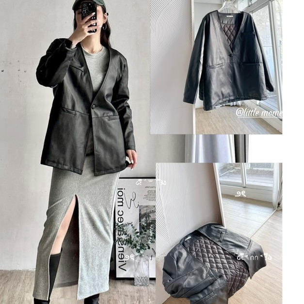 無領鋪棉皮外套