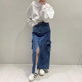 復古口袋開叉牛仔裙_4