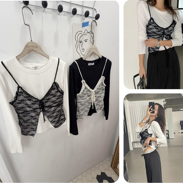 韓國前拼接蕾絲小墊肩上衣
