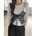 韓國前拼接蕾絲小墊肩上衣_1