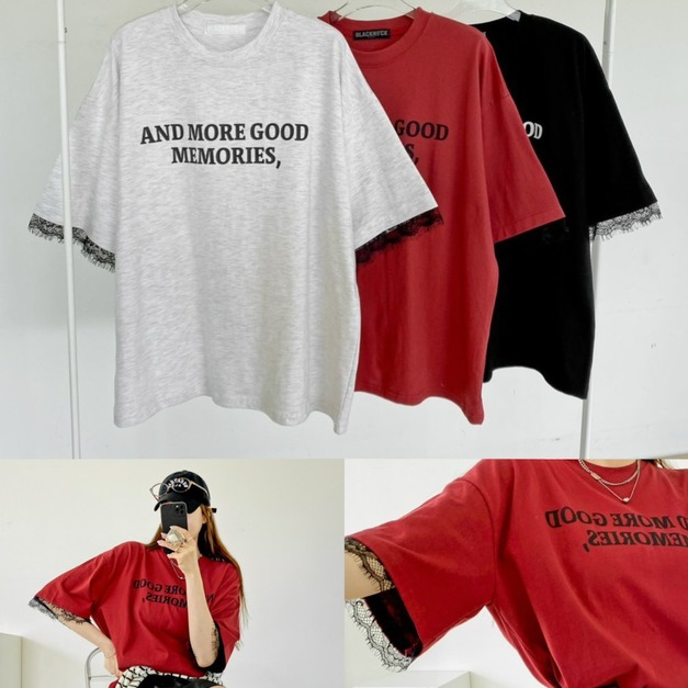 韓國簡約字母蕾絲袖棉TEE