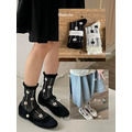韓國透氣泡泡口黑白小花薄款中筒襪~組合價賣場任選3雙200