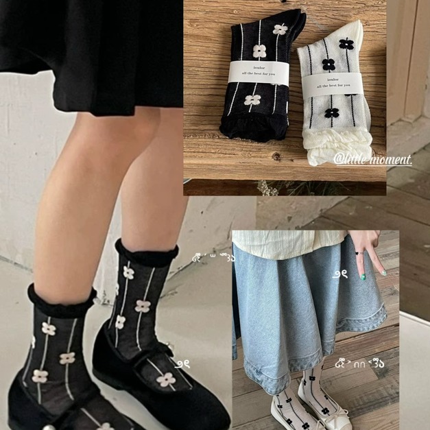 韓國透氣泡泡口黑白小花薄款中筒襪~組合價賣場任選3雙200