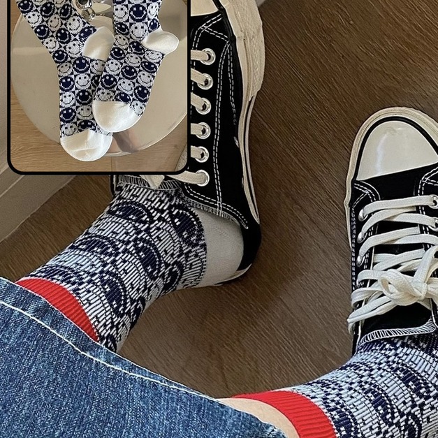 ins韓國東大門雙針雙路工藝撞色笑臉圖案襪子女學院風中筒襪~組合價賣場任選3雙200