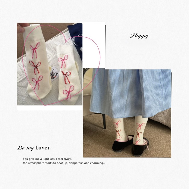 Bonjourmuch新款蝴蝶結插畫設計師款中筒棉襪女學院風甜美襪子~組合價賣場任選3雙200