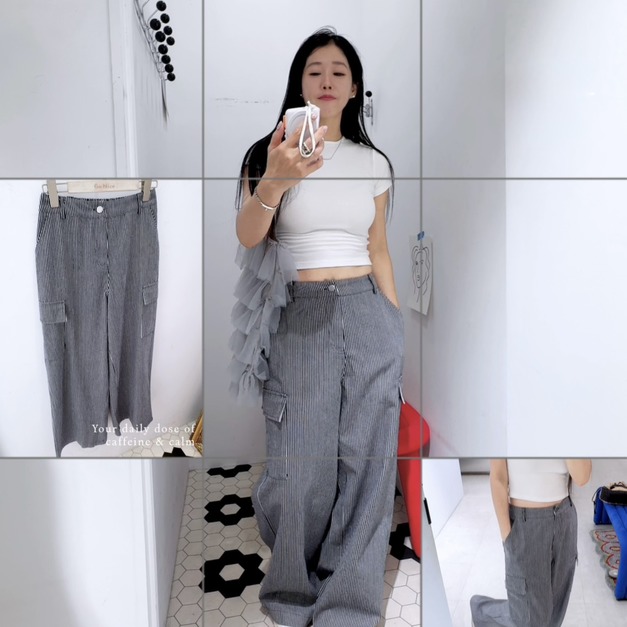 直條紋工裝直筒褲