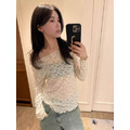 高級感可斜肩彈性蕾絲上衣_1